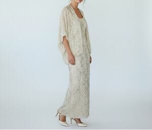 Pave New York Beverly Hills Silk Beaded Formal Gown Sz 6 Ivory Vintage Hong Kong